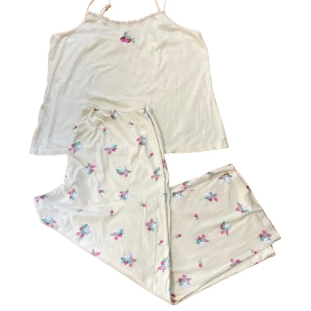 Pajama Set Pale Yellow Camisole & Pants Strawberries, Sweet, Comfy, XL or 1X